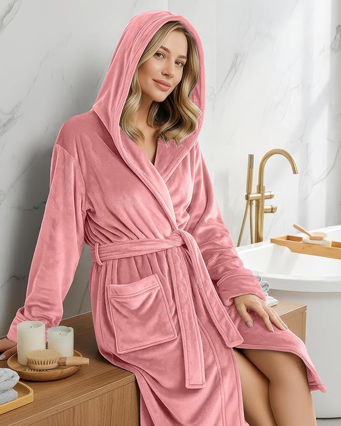 NY Threads Women's Fleece Hooded Bathrobe Plush Long Spa Robe, Medium