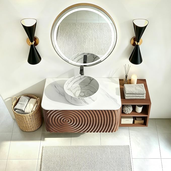 42" Floating Bathroom Vanity with Sink, Mid-Century Wall Mounted Bathroom Vanity Cabinet with Wood Waved Decor,Marble Ceramic Basin and Sintered Stone Top, Soft Close Drawer, Side Open Cube