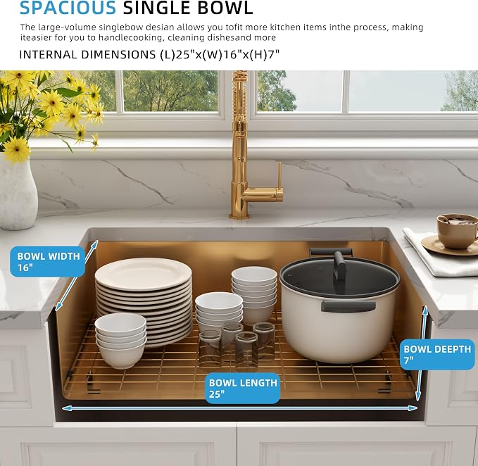 Kitsitchen Gold RV Kitchen Sink 25 x 16, Stainless Steel Single Bowl | 16 Gauge T304 Material Undermount Kitchen Sink, 7" Deep, with Strainer & Bottom Gird,for Outdoor, Bar, Laundry Room and RV
