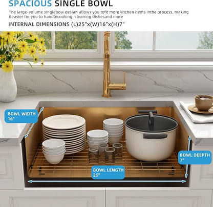 Kitsitchen Gold RV Kitchen Sink 25 x 16, Stainless Steel Single Bowl | 16 Gauge T304 Material Undermount Kitchen Sink, 7" Deep, with Strainer & Bottom Gird,for Outdoor, Bar, Laundry Room and RV