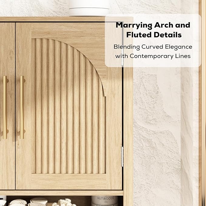 RUSTOWN Fluted Bathroom Wall Cabinet, Mid Century Modern Medicine Cabinet W/Adjustable Shelf & 2 Arched Doors, Over The Toilet Storage Cabinets for Laundry Room Kitchen Living Room, Natural Oak