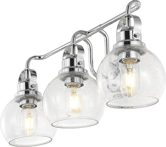 JONATHAN Y 24" Chrome Shirley 3-Light Bathroom Vanity Light, Metal Wall Sconce, Clear Seeded Glass Shade, Modern Transitional Farmhouse Fixture, LED Bulbs Included (JYL7405A)