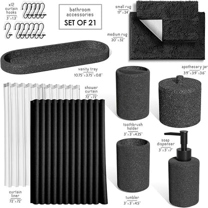 Clara Clark Coal Black Bathroom Set - Bathroom Sets with Shower Curtain and Rugs, 21PC Bathroom Accessory Set, Shower Curtain Set with Soap Dispenser & Toothbrush Holder