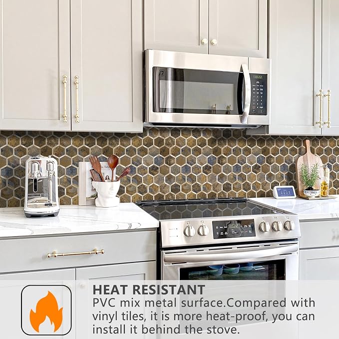 STICKGOO Hexagon Peel and Stick Backsplash Tile, Stick on Backsplash for Kitchen and Bathroom, Rust Slate Look PVC Mixed Metal Gold Self Adhesive Metal Mosaic Tiles(10 Sheets, Seamless)
