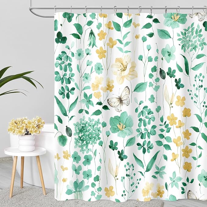 Mint Green Floral Shower Curtain, Cute Flower Fabric Shower Curtains for Bathroom, Watercolor Wildflower Butterfly Cloth Shower Curtain Set with Hooks, 72x72