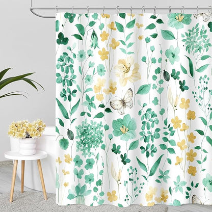 Mint Green Floral Shower Curtain, Cute Flower Fabric Shower Curtains for Bathroom, Watercolor Wildflower Butterfly Cloth Shower Curtain Set with Hooks, 72x72