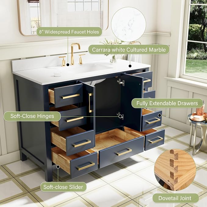 48-Inch Bathroom Vanity with Sink, 2 Soft-Close Doors and 9 Soft-Close Drawers, Bathroom Freestanding Vanity with Cultured Marble Countertop, Navy Blue Vanity W/Gold Handles