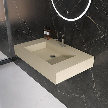 30" x 19" Bathroom Sink with Solid Surface, Wall Mount Bathroom Sink with Single Faucet Hole, Rectangle Stone Resin Vessel Sinks for Indoor Outdoors,Floating Wall Hang Sink Bowl, Beige