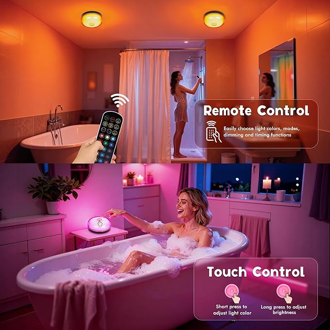Rechargeable Shower Light for Inside Shower, 15 Color Changing Waterproof Lights for Shower Bathroom with Remote Timer Dimmable, Wireless Mood Lighting for Bathroom Closet Bedroom,Livingroom,2 Pack