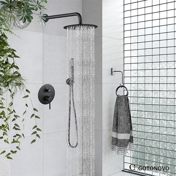 gotonovo Shower System 10 Inch Round Rainfall Showerhead Wall Mounted High Pressure Shower Faucet Set Fixture Combo with Rough in Valve and Cylindrical Handheld Spray, Matte Black