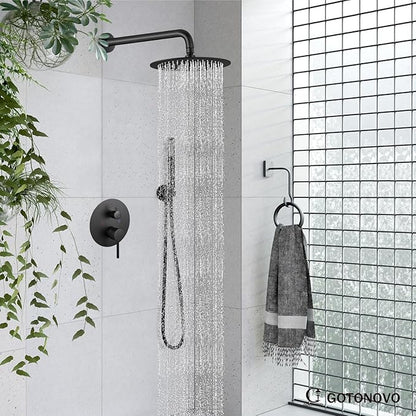gotonovo Shower System 10 Inch Round Rainfall Showerhead Wall Mounted High Pressure Shower Faucet Set Fixture Combo with Rough in Valve and Cylindrical Handheld Spray, Matte Black