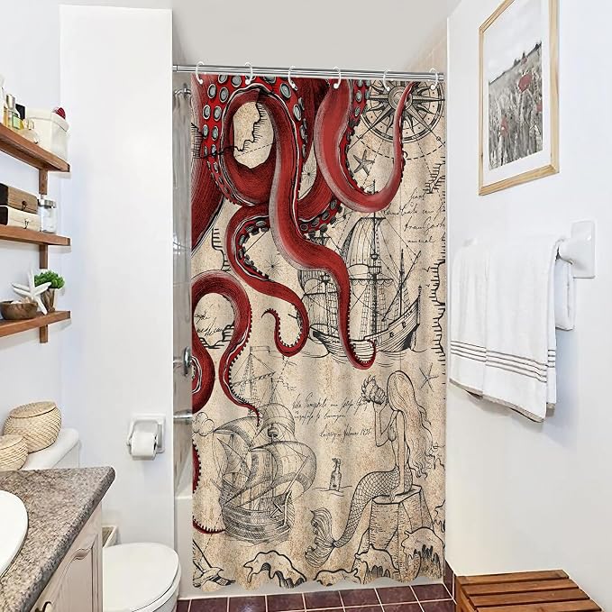 Fungarth Stall Vintage Red Nautical Octopus Shower Curtain Mermaid Funny Ocean Kraken Shower Curtains for Bathroom Cool Anchor Coastal Map Waterproof Fabric Bath Curtain Decor (Retro1, 36” x 72”)