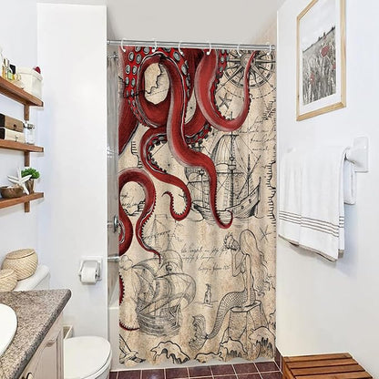 Fungarth Stall Vintage Red Nautical Octopus Shower Curtain Mermaid Funny Ocean Kraken Shower Curtains for Bathroom Cool Anchor Coastal Map Waterproof Fabric Bath Curtain Decor (Retro1, 36” x 72”)