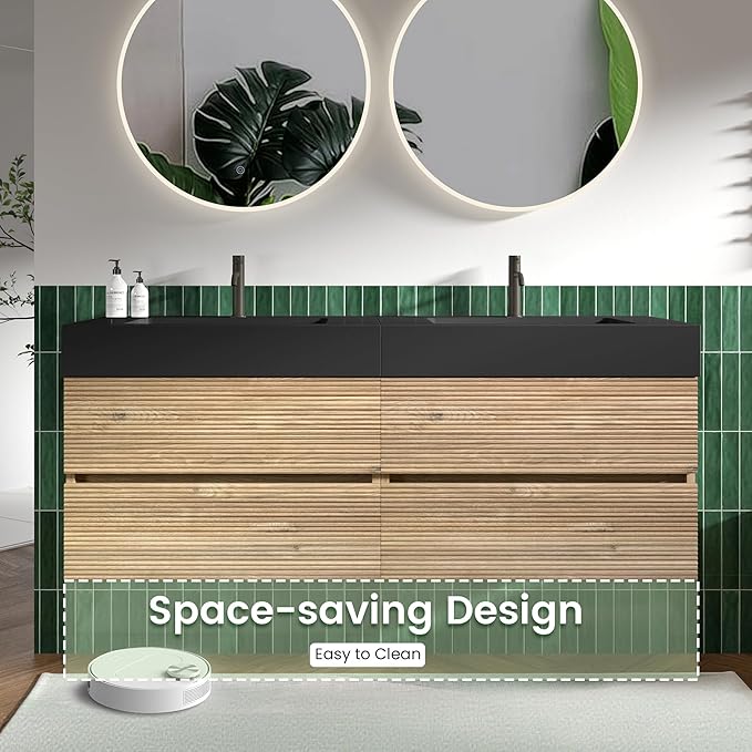 60" Floating Bathroom Vanity with Sink Combo, Modern Floating Double Sink Bathroom Vanity with Black Engineered Stone Tops & 4 Soft-Closing Drawers, Large Storage for Apartment, Hotel, Rough Oak