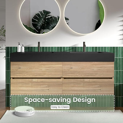60" Floating Bathroom Vanity with Sink Combo, Modern Floating Double Sink Bathroom Vanity with Black Engineered Stone Tops & 4 Soft-Closing Drawers, Large Storage for Apartment, Hotel, Rough Oak