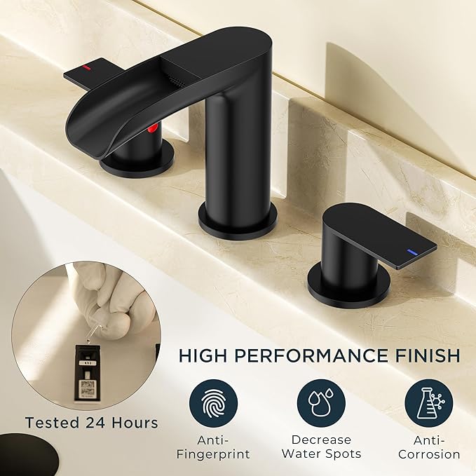 FORIOUS Bathroom Sink Faucet, Black Waterfall Bathroom Faucet Widespread 8 Inch 3 Hole with Pop-Up Drain and Water Supply, All-Metal Construction and Two Handle for Vanity, Lavatry, Farmhouse