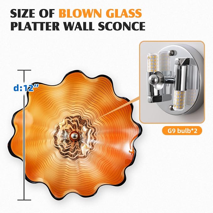 Amber Glass Wall Light Dia 12" Wall Lamp with Murano Glass Shade Vintage Vanity Lighting Fixture with Metal Base Flush Mount Wall Sconce 2-Light for Bathroom, Bedroom, Bedside, Entryway