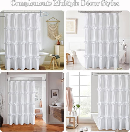 Homechoice Decor Ruffle Shower Curtain 60" x 72" White, Stall Size | Ruched Microfiber Vintage Handcrafted Bow Tie, Victorian Bath Curtain with 10 Buttonholes, Machine Washable (LQ-10)