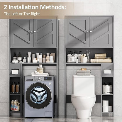 Farmhouse Storage Cabinet Over Toilet with Toilet Paper Holder Stand, Freestanding Bathroom Storage Organizer Cabinet, Grey