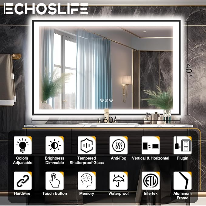 EchosLife 60x40 LED Mirror for Bathroom - Matte Black Framed | Black Frame, Front and Backlit, Anti-Fog, Stepless Dimmable, 3 Colors, Memory, Tempered Glass, UL Listed, Horizontal/Vertical