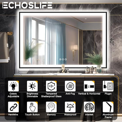EchosLife 60x40 LED Mirror for Bathroom - Matte Black Framed | Black Frame, Front and Backlit, Anti-Fog, Stepless Dimmable, 3 Colors, Memory, Tempered Glass, UL Listed, Horizontal/Vertical