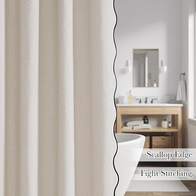KGORGE Scalloped Shower Curtain for Bathroom with 12 Metal Hooks, Linen Textured Privacy Waterproof Boho Cute Heavy Duty Farmhouse Shower Curtains for Home Decor Bathtub, Linen, 72 x 72 inches Long