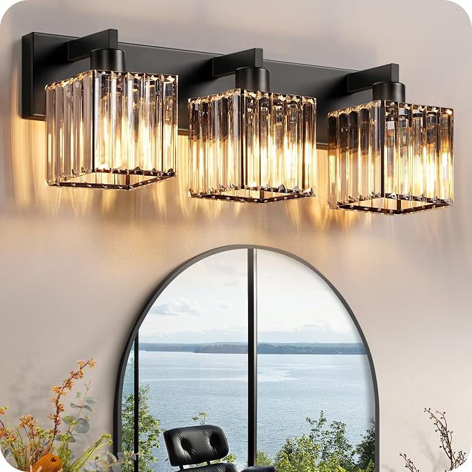 Modern Crystal Vanity Light, 3-Light Bathroom Light Fixture, 22" Square Vanity Lighting Fixture, E26 Base, Bulbs Not Included, for Bathroom,Vanity Light Over Mirror, Hallway,Black B06BD05W1