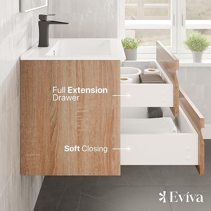 Eviva Joy 24 in. Maple Wall MountSingle Sink Bath Vanity with Porcelain Top and Integrated Sink
