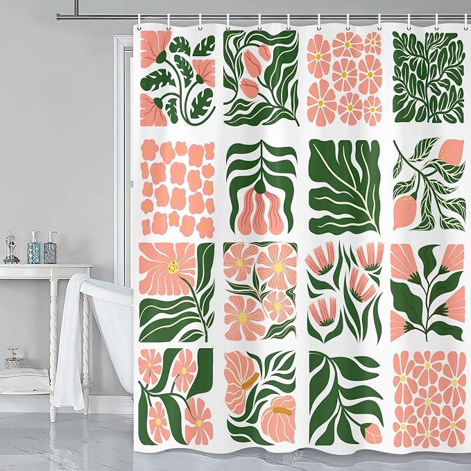 JAWO Retro Floral Shower Curtain Cute Vintage Boho Shower Curtains for Bathroom Decor Pink Green Botanical Geometric Groovy Aesthetic Abstract Flowers Pattern Shower Curtain Sets with Hooks, 60X70IN