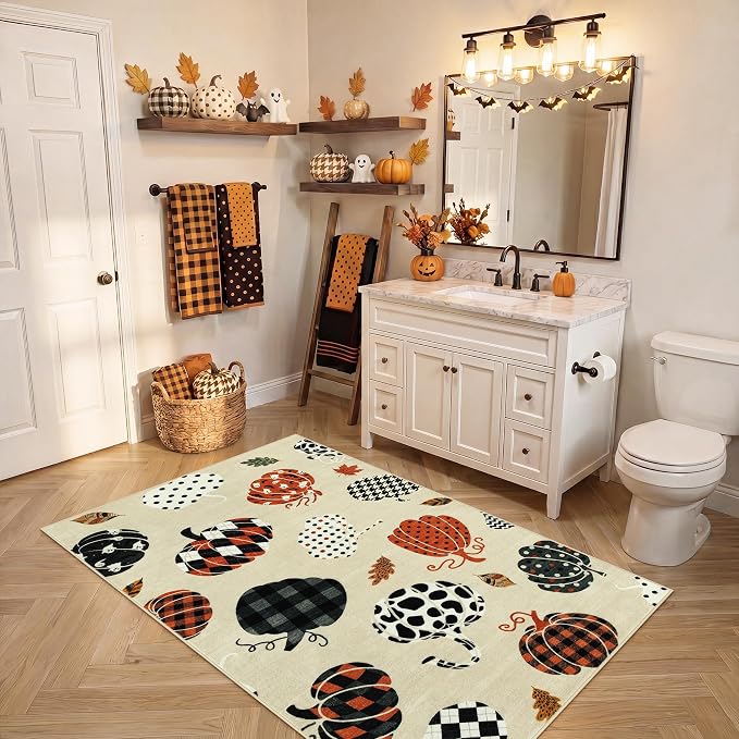 Tribesigns 3x5 Beige Halloween Fall Pumpkin Print Area Rug for Kitchen | Washable Non-Slip Low-Pile Autumn Thanksgiving Rug for Hallway, Entryway, Bedroom, Bathroom, Halloween Home Decor Indoor Rug