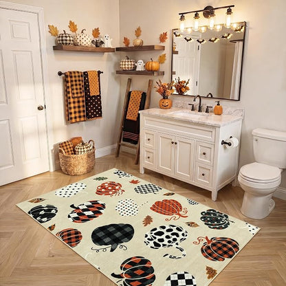 Tribesigns 3x5 Beige Halloween Fall Pumpkin Print Area Rug for Kitchen | Washable Non-Slip Low-Pile Autumn Thanksgiving Rug for Hallway, Entryway, Bedroom, Bathroom, Halloween Home Decor Indoor Rug