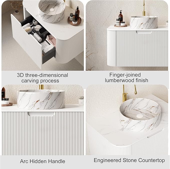 36" Floating Bathroom Vanity with Sink, Modern Bathroom Cabinet with Ultra-Thin Ceramic Basin and Marble Top, Large Storage Drawer, Soft-Close Design, White