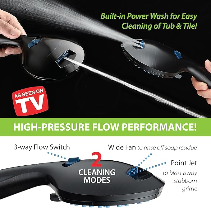 Hotel Spa AquaCare High Pressure 8-mode Handheld Shower Head, Anti-clog Nozzles - Built-in Power Wash to Clean Tub, Tile & Pets, Extra Long 6 ft. Stainless Steel Hose, Wall & Overhead Brackets | Stay Clean Nozzles, Dual Power Wash for Tub, Tile & Pets,...