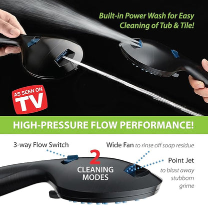 AquaCare 48-mode High Pressure 3-way Shower Head Combo w/ 2-mode Power Wash | Pure Clean Jets, Dual Handheld Power Wash for Tub, Tile & Pets, Long 6 ft. Stainless Steel Hose, Extra Wall Bracket / Black