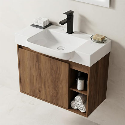 28" Bathroom Vanity with Sink, Wall-Mounted Cabinet, Brown Ebony | Ceramic Sink, Soft-Close Door & 2 Open Storage Shelves, Modern Farmhouse Sink Cabinet, Easy to Clean for Small Bathroom