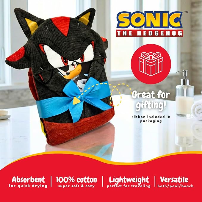 Sonic Shadow The Hedgehog Anime Kids Super Soft Bath/Pool/Beach Cotton Hooded Towel Wrap, 50 in x 24 in, (Officially Licensed Product) By Franco
