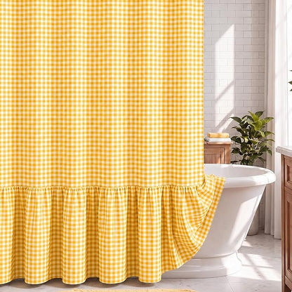 HunnmingRe Ruffle Hem Gingham Shower Curtain Yellow | 72'' x 72'' Vintage Farmhouse Curtain, Cotton Cottage Core Rural Checkered Plaid Decor, Fall Shower Curtain for Bathroom