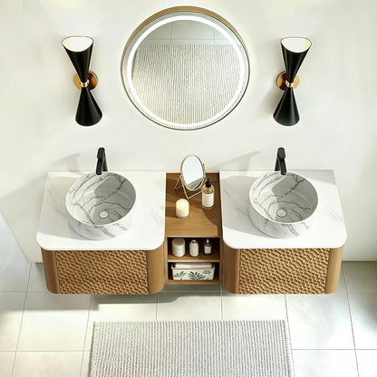 60 Inch Double Vanity with Sink Set, Floating Bathroom Sink Cabinet with Sintered Stone Top&Solid Wood Hammered Frame, Double Bathroom Vanities w/Soft-Close Drawers&1 Side Open Cube