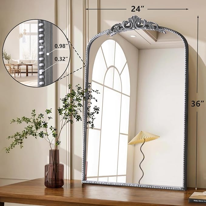 Micasso Bathroom Mirror for Over Sink: 24"x36" Silver Vintage Arched Mirror | Traditional Ornate Baroque Decorative Antique Wall Mirror for Bedroom/Entryway/Hallway/Dresser/Vanity/Mantel/Nightstand