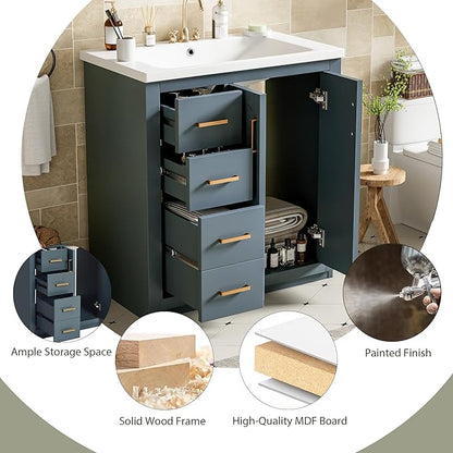 Merax Herringbone Single Sink Bathroom Vanity, Freestanding 30" Modern Bathroom Vanity Storage Cabinet with 3 Drawers and 2 Doors, Solid Wood Frame