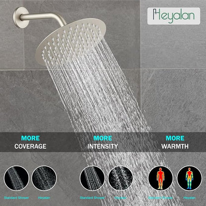 Heyalan 8-Inch Round Rain Shower Faucet Set with Valve, Brushed Nickel | SUS304 stainless steel shower head, brass rough-in valve, single-handle control, 1.8 GPM, ideal for bathroom remodels
