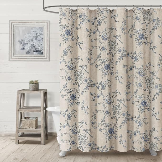 Farmhouse Floral Vintage Shower Curtain for Bathroom, Dark Blue and Tan | Elegant Boho Pattern Bath Curtain Linen Fabric,72" W x 72" L