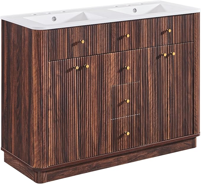 T4TREAM 48 Inch Bathroom Vanity with Sink, Modern Fluted Large Double Sink Bathroom Vanity with 2 Storage Cabinets, Adjustable Shelf, and 2 Drawers, Dark Walnut