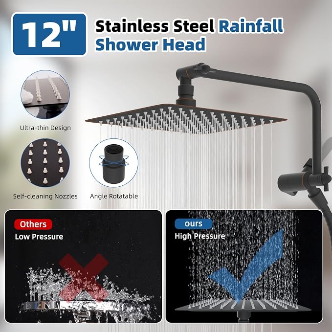 12" Metal Rainfall Shower Head with 10-Mode Handheld, Oil Rubbed Bronze | NSF/ANSI/CAN 372 Certified, High Pressure Showerhead Combo with 11" Adjustable Shower Arm, 71" Hose, Shower Head Holder