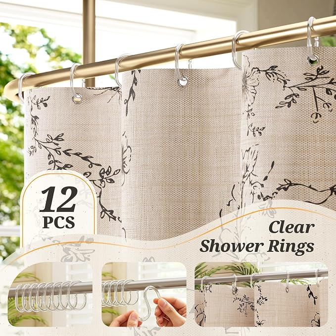 Vintage Black Floral Shower Curtain with 12 Clear Rings - 72" W x 72" L | Farmhouse Fabric Faux Linen Shower Curtain Set, French Country Cottagecore Style Shower Curtain for Bathroom