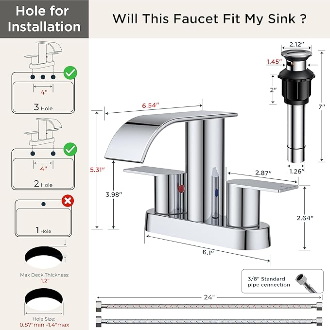 FORIOUS Chrome Bathroom Sink Faucet, Waterfall 4 Inch Centerset Bathroom Faucets with Metal Pop up Drain and cUPC Hose for Basin,Vanity, RV, Pedestal 2 or 3 Hole Sink