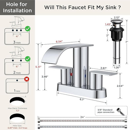 FORIOUS Chrome Bathroom Sink Faucet, Waterfall 4 Inch Centerset Bathroom Faucets with Metal Pop up Drain and cUPC Hose for Basin,Vanity, RV, Pedestal 2 or 3 Hole Sink