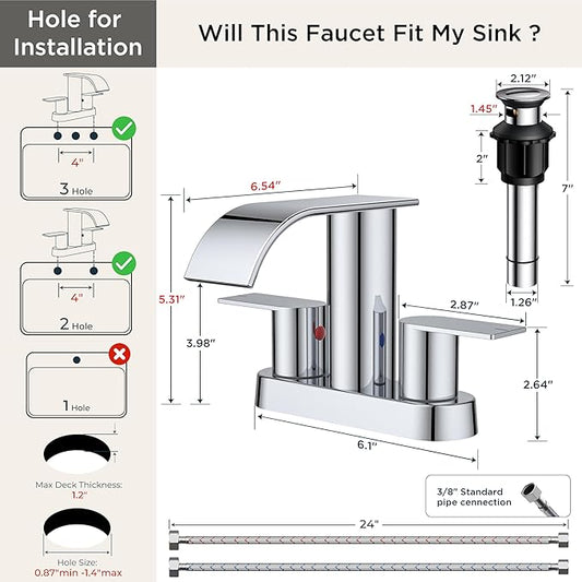 FORIOUS Chrome Bathroom Sink Faucet, Waterfall 4 Inch Centerset Bathroom Faucets with Metal Pop up Drain and cUPC Hose for Basin,Vanity, RV, Pedestal 2 or 3 Hole Sink