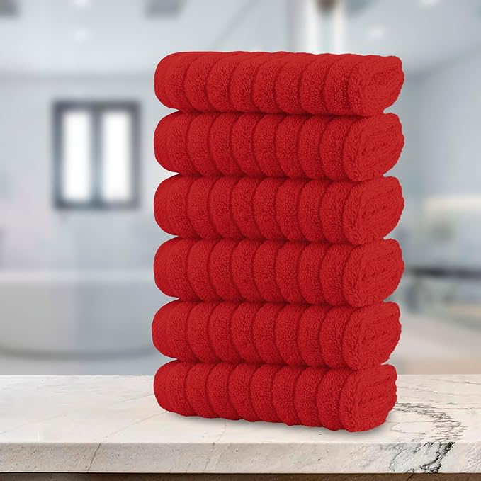 Elegant Comfort 100% Turkish Cotton Corduroy Ribbed Luxury Washcloths 6 Pack Soft 13 x 13 Inch - Higly Absorbent, Durable, Quick Dry, Spa Premium Hotel Quality for Bathroom or Travel, Red