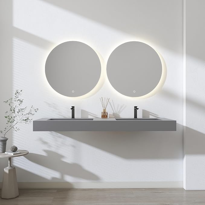 SJ STAR&JANE 59" x 19" Solid Surface Bathroom Double Vessel Sink, Wall Mounted Sink, Stone Resin Countertop With Double Bowl in Light Gray Rectangle Double Floating Vanity Sink Durable Modern Design
